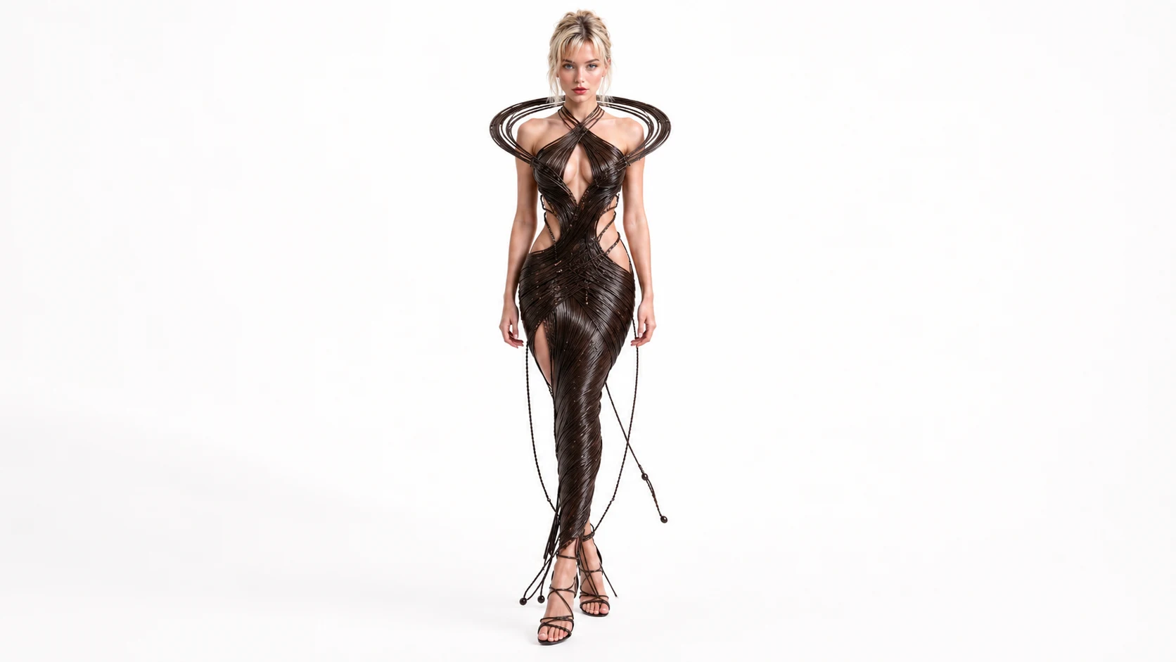 Exploración de un vestido escultórico de fibras oscuras