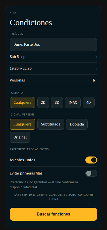 Cockpit: pantalla de condiciones para una función de cine