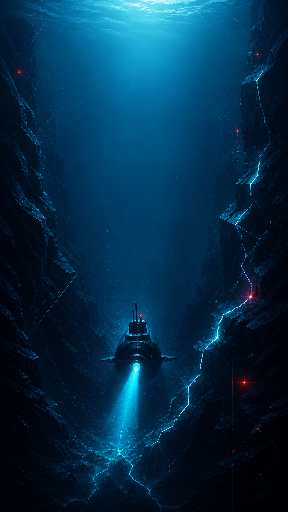 Arte de Deep Breach: un submarino iluminado desciende entre las paredes de un cañón submarino
